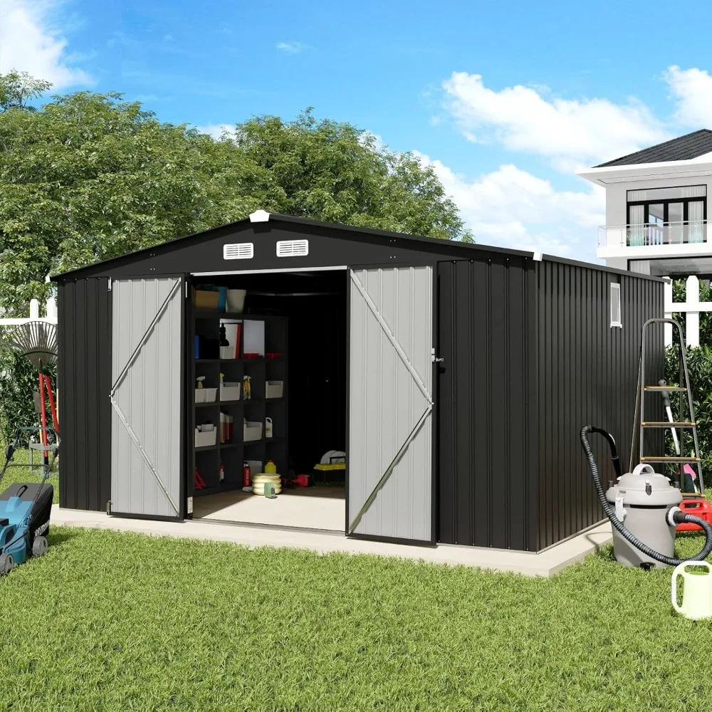 12x10FT Outdoor Storage Shed, Large Galvanized Steel Metal Garden Shed with Window, Outdoor Tool Shed for Backyard, Patio, Lawn