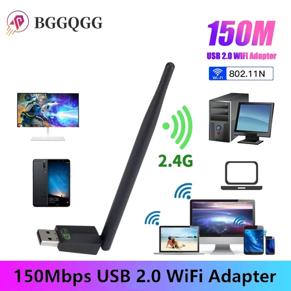 

BGGQGG Mini USB WiFi Adapter LAN Wi-Fi Receiver 150Mbps WIFI Adapter Wireless Network Card Play and Play For PC Windows