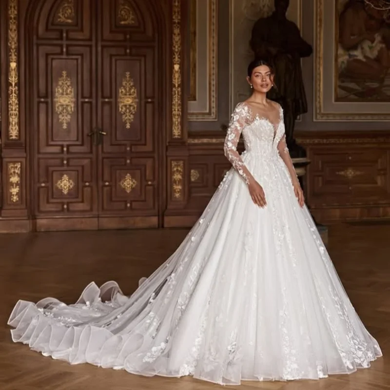 White Appliques Lace Wedding Dresses off-shoulder long sleeves 3D flower decal Bridal Gowns Made Customized