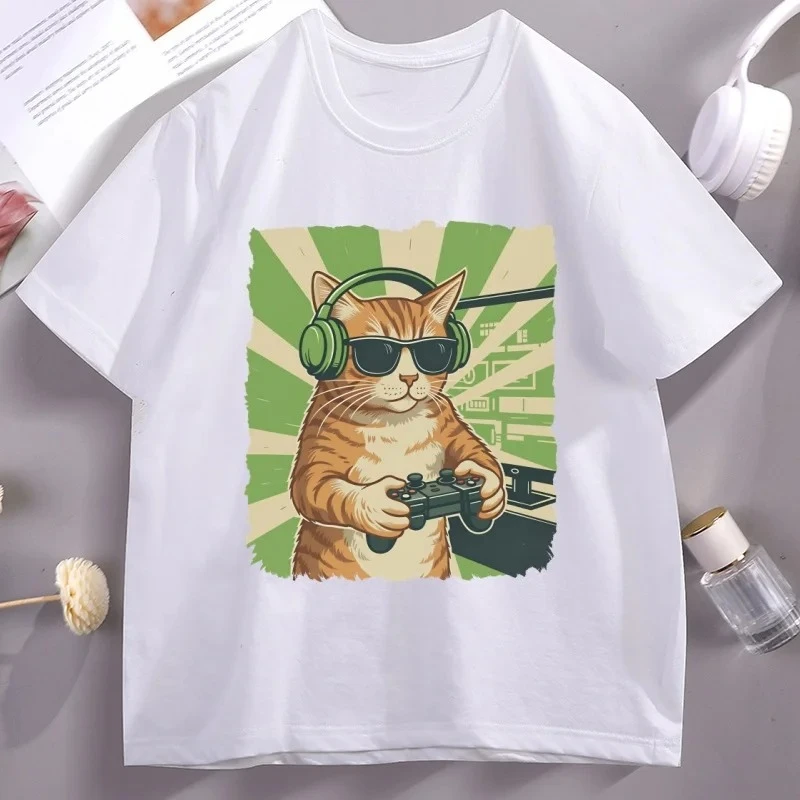 Gamer Cat T-Shirt Video Game Cat Women Tshirt Funny Graphic Printed Women Short Sleeve T Shirt Casual Round Neck Top Clothing