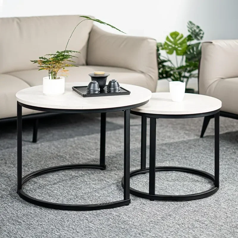 Round Nesting Coffee Table Circle Accent Tables for Small Spaces Side End Set of 2 Living Room Balcony Office