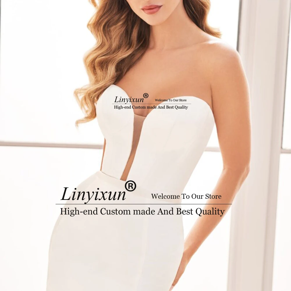 Sexy strapless zeemeermin trouwjurken voor vrouwen diepe v-hals boog bruidsjurken op maat gemaakte kapel trein open rug vestido de novia