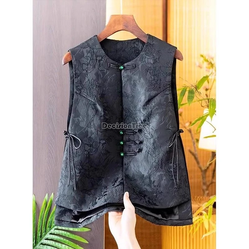 2024 new chinese style pan button vest vintage fashionable sleeveless jacquard top elegant versatile patchwork casual waistcoat