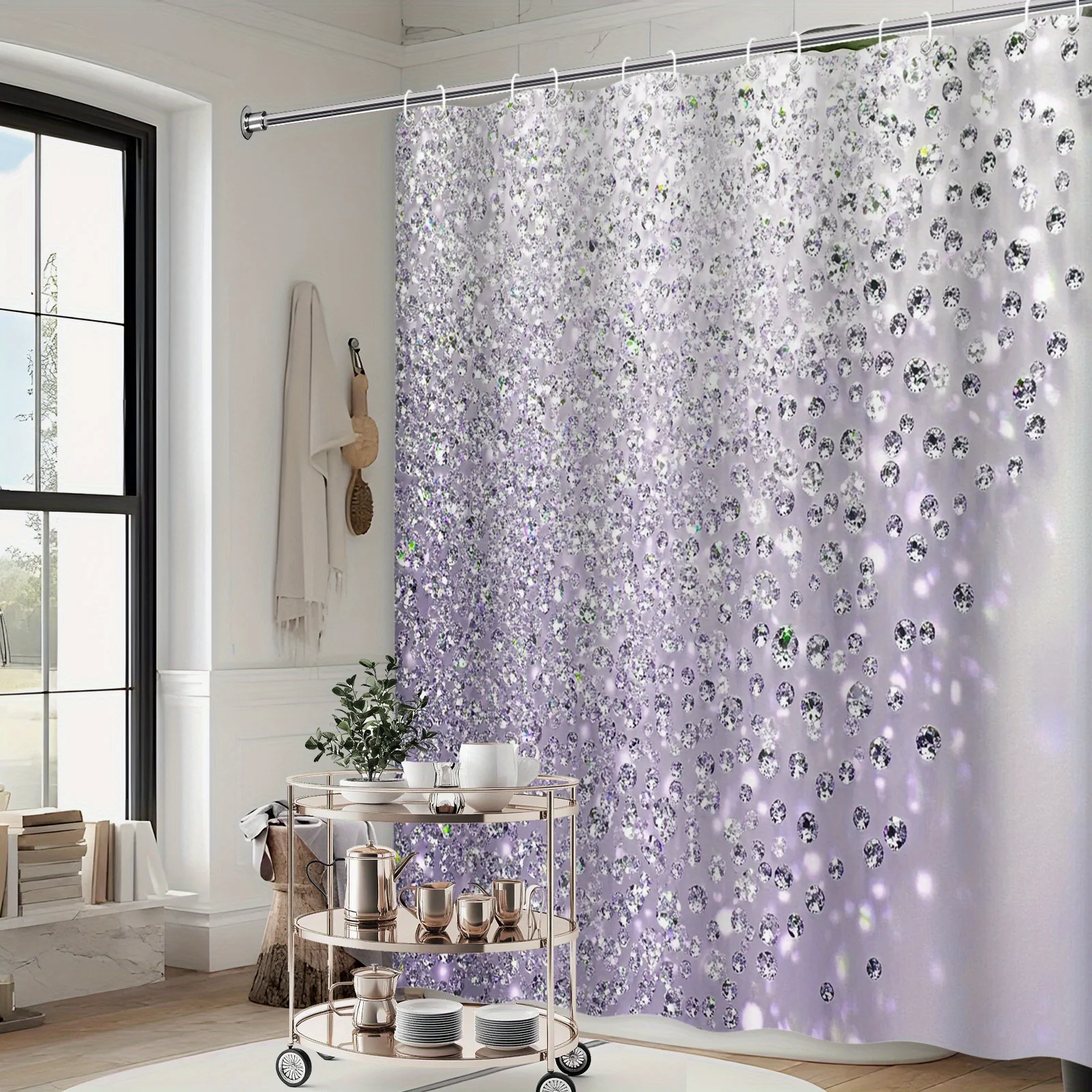 Sparkling Diamond Shower Curtain Purple Glitter Pattern Luxury Design Waterproof Fabric Elegant Bathroom Decor