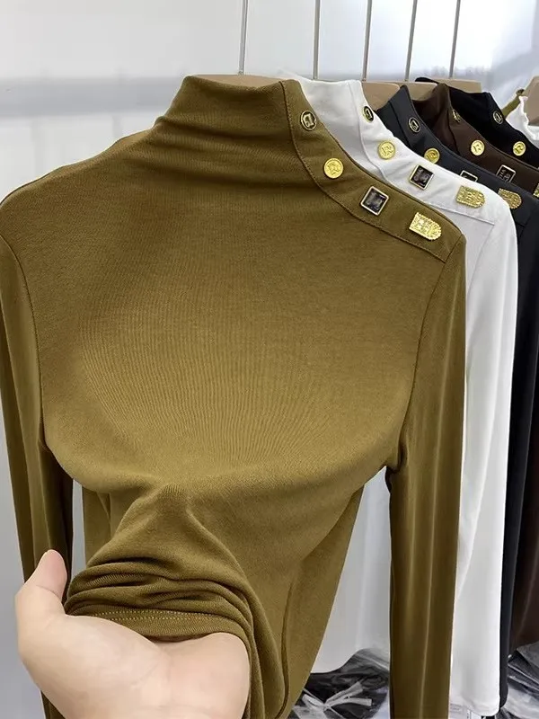 

Ретро-корейская женская футболка с длинным рукавом, высоким воротником и пуговицами на плечах, дизайнерская, стройнящая, базовая, модная