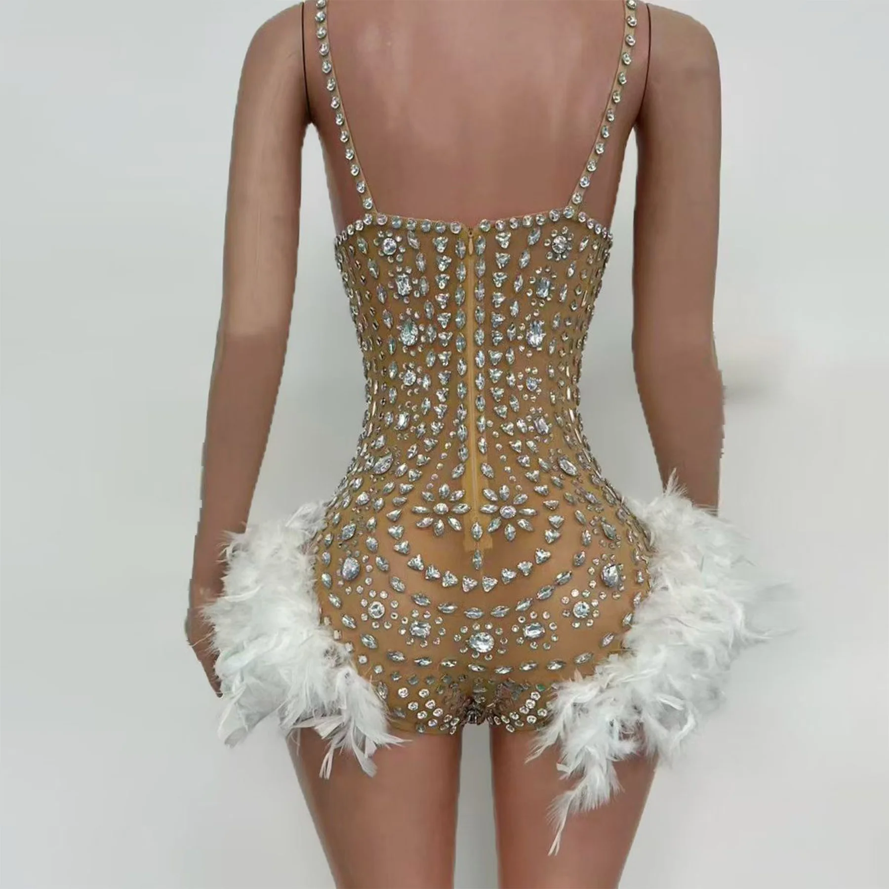 Yilong Luxus Dubai Abendkleid Sexy Hohl Silber Strass Weiße Feder Hosenträger Overall Neue Jahr Geburtstag Ball Kleid