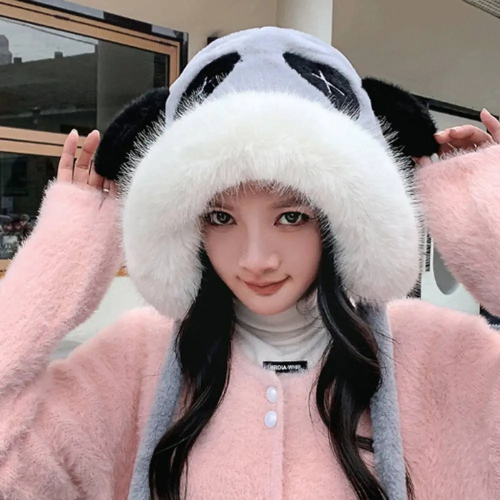 Outdoor Plush Panda Ear Hat Thickened Winter Warm Bomber Ha Windproof Ear Protection Cap for Woman Girls