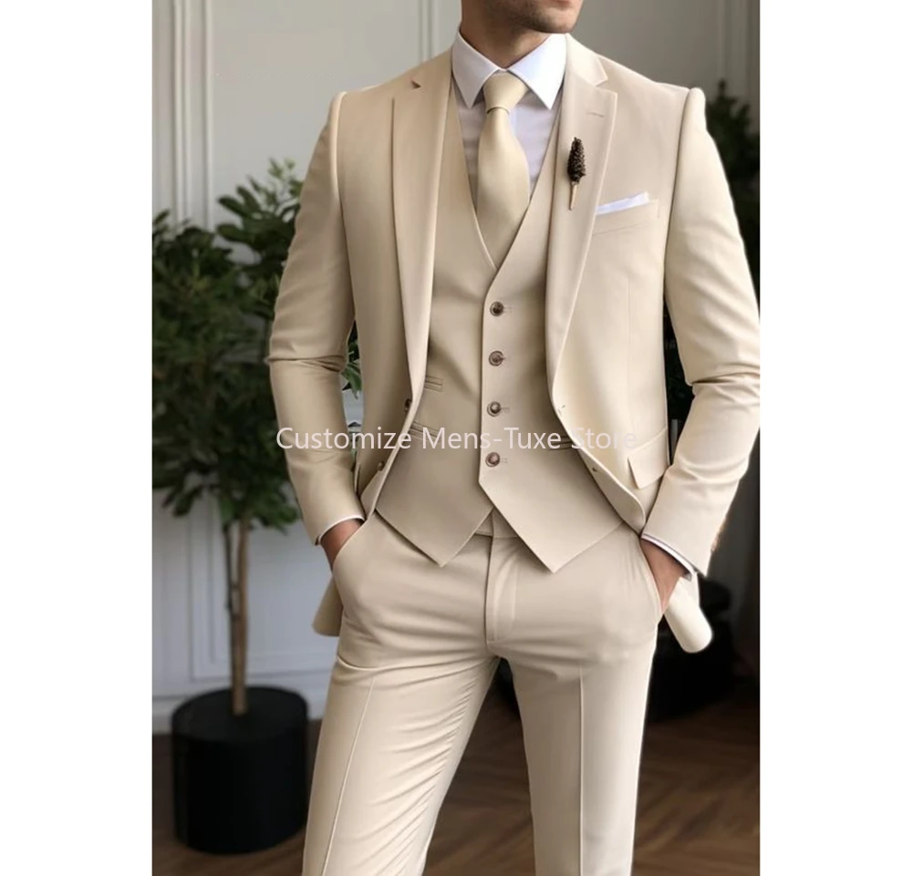 

Beige Men Suits 3 Piece Fashion Single Breasted Notch Lapel Slim Wear Formal Wedding Suits (Blazer+Vest+Pants)