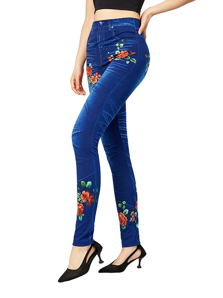 CUHAKCI New Blue Faux Jeans Women Floral Printing Leggings Slim Fit Elegant Pencil Pants Plus Size Elastic False Denim Jeggings