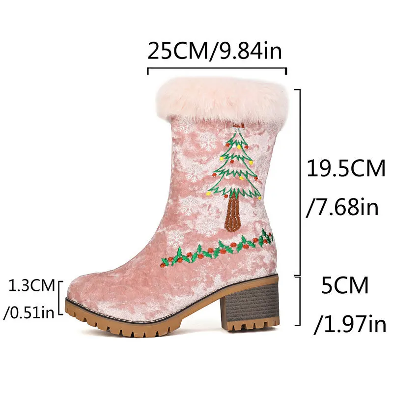 

2025 New 5cm Fashion Slip On Embroider Gift Christmas Xmas Shoes 43 Winter Snow Boots PLush Fur Chunky Heels 5cm Warm Hot