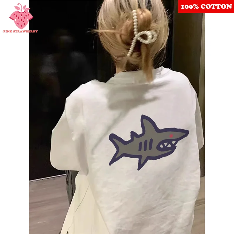 

American Hip Hop shark Print T-shirt Women Summer 2025 New 100% Cotton Short sleeve T-shirt Loose Casual Y2k Top Female clothing