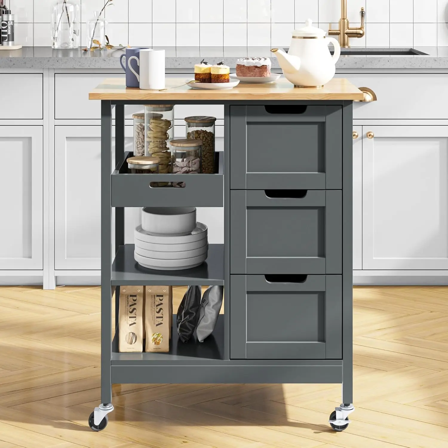 Dwvo Rolling Kitchen Island Cart With 3 Drawers, 27 Inch Soild Wooden Countertop Kitchen Storage Cabinets, Drawers Cart For