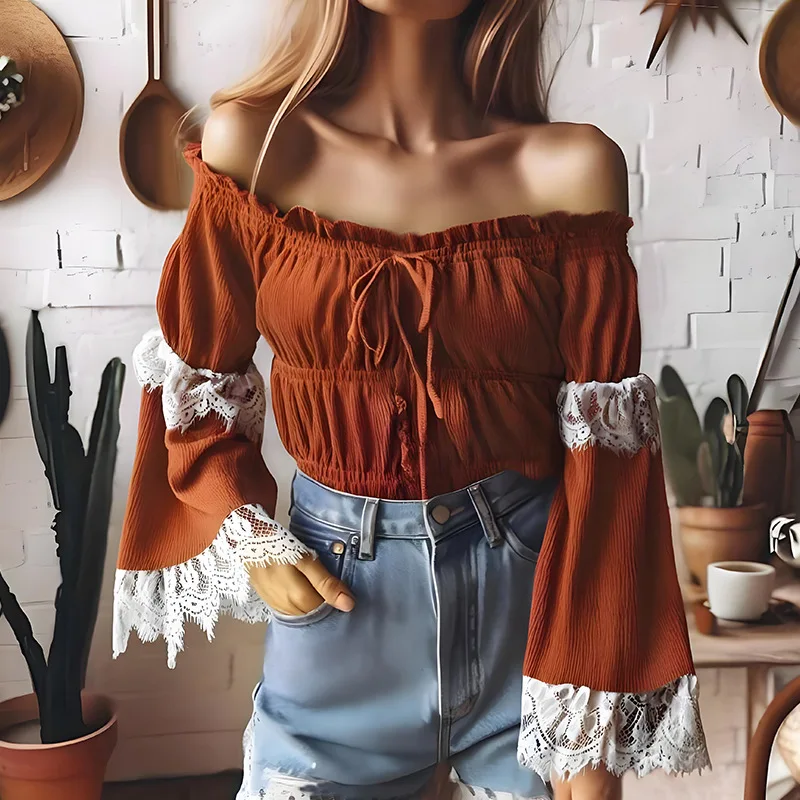2025 New Women's Off Shoulder Long Sleeve One Shoulder Sexy Top With Casual Lace Trim Elegant Blouse
