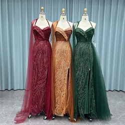 YQLNNE Dubai Dark Green Crystals Beaded Evening Dresses Long Mermaid Halter Tulle Sequined Formal Women Party Gown
