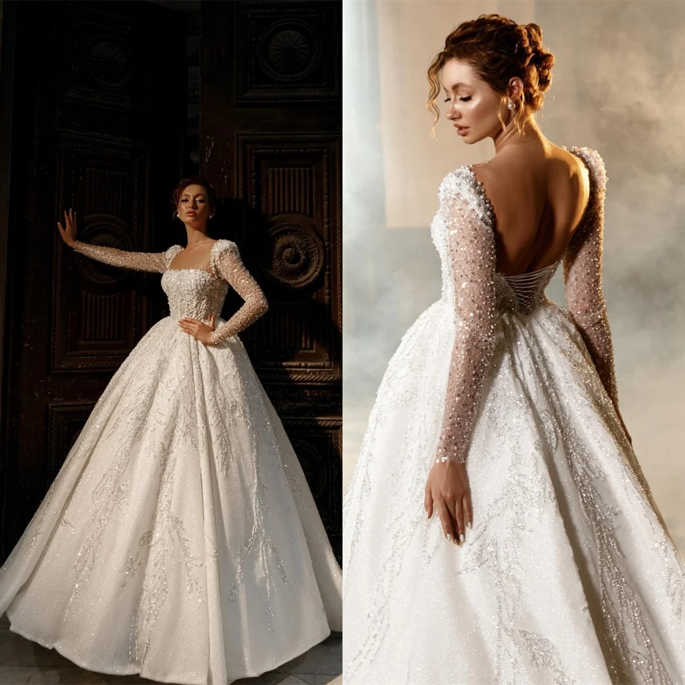 

Customized Elegant Organza Wedding Dress Exquisite Strapless Long Sleeves Chapel Train Lace Up Back Sequined Bridal Gowns
