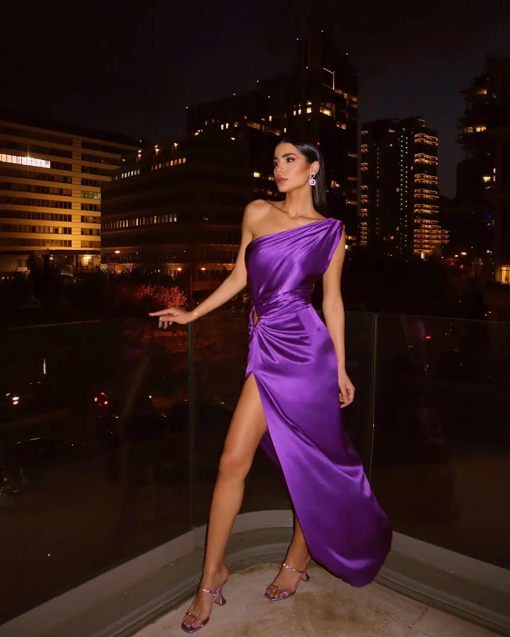 New Ladies Purple One Shoulder Sexy Skinny Draped Sleeveless Sequin Cutout High Slit Long Celebrity Party Dress Sexy Dress