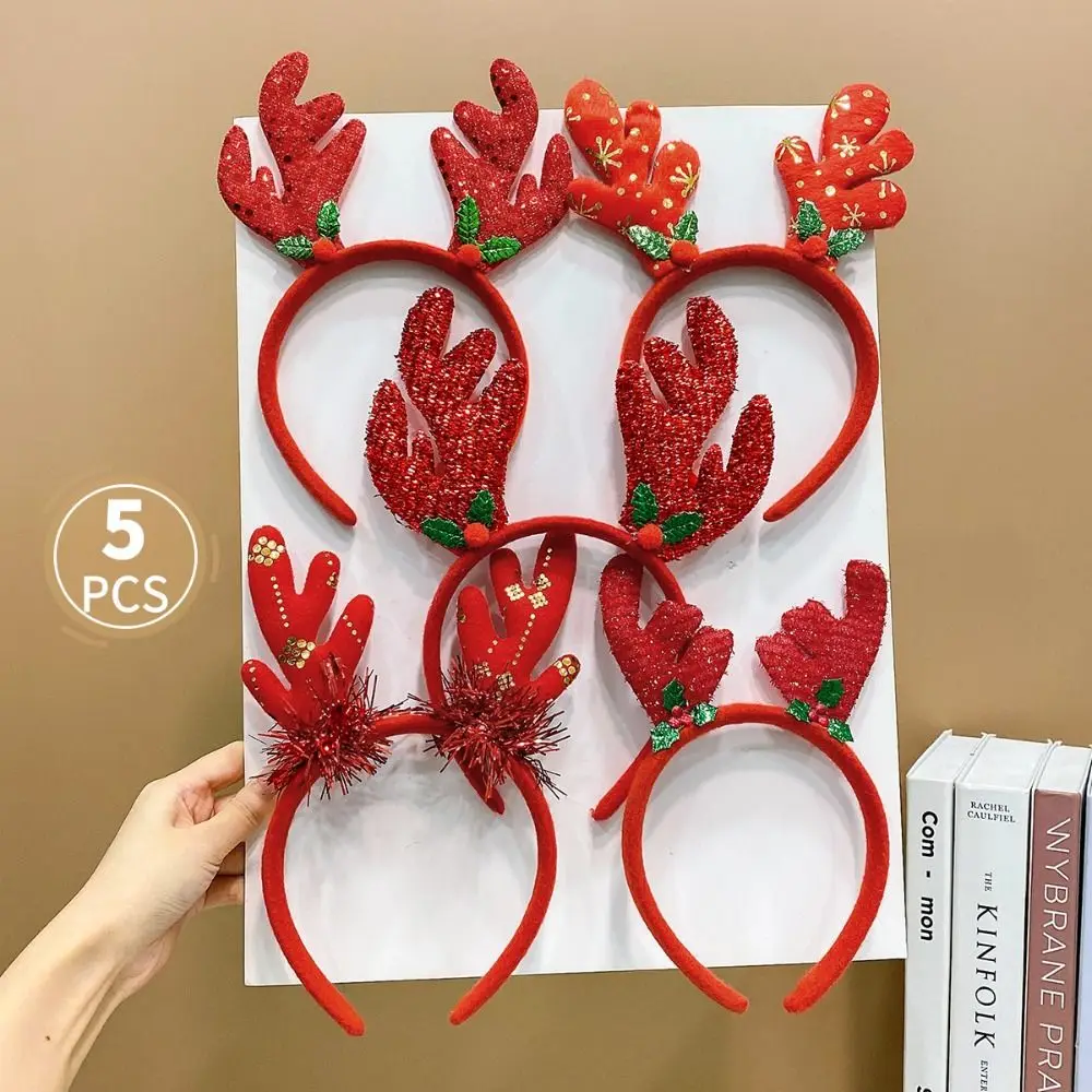 5PCS Elk Antler 2025 Headband Snowman Santa's Hat Christmas Hair Hoop Headwear Headdress Photographic New Year Hairband