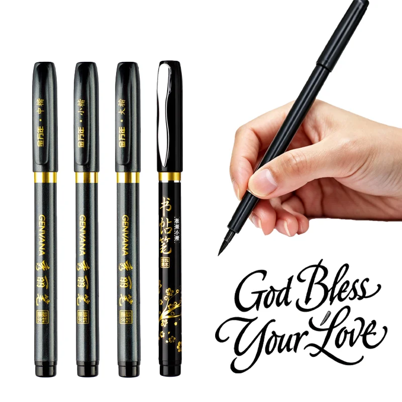 4PCS Calligraphy Hand Lettering Brush Pens Drawing Markers Beginners Kits Black Ink for Journaling, Writing, Art Drawing,