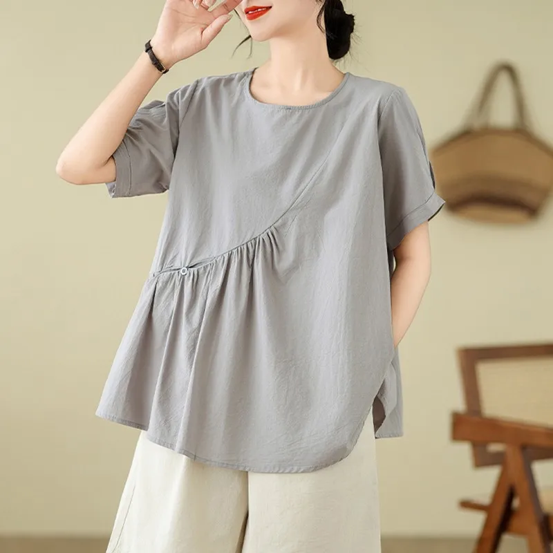 

Женские Летние повседневные футболки, Новое поступление 2024, простые Стильные однотонные свободные женские топы из хлопка и льна с круглым вырезом, футболки B3577