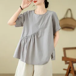 Women Summer Casual T-shirts New Arrival 2024 Simple Style O-neck Solid Color Loose Female Cotton Linen Tops Tees B3577