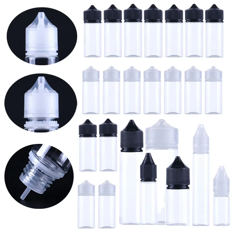 5Pcs Mini 10ml-120ml Empty Clear Plastic Dropper Bottles  with Long Tip Stopper & Childproof Caps Vape Travel Sample Containers