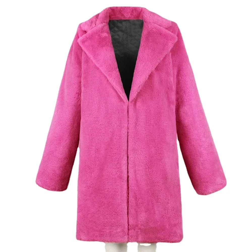 Rose Red Long Faux Fur Coat Jacket 2023 Women Autumn Winter Thick Warm Coats Woven Block Trend Fur Korean Coat Parkas