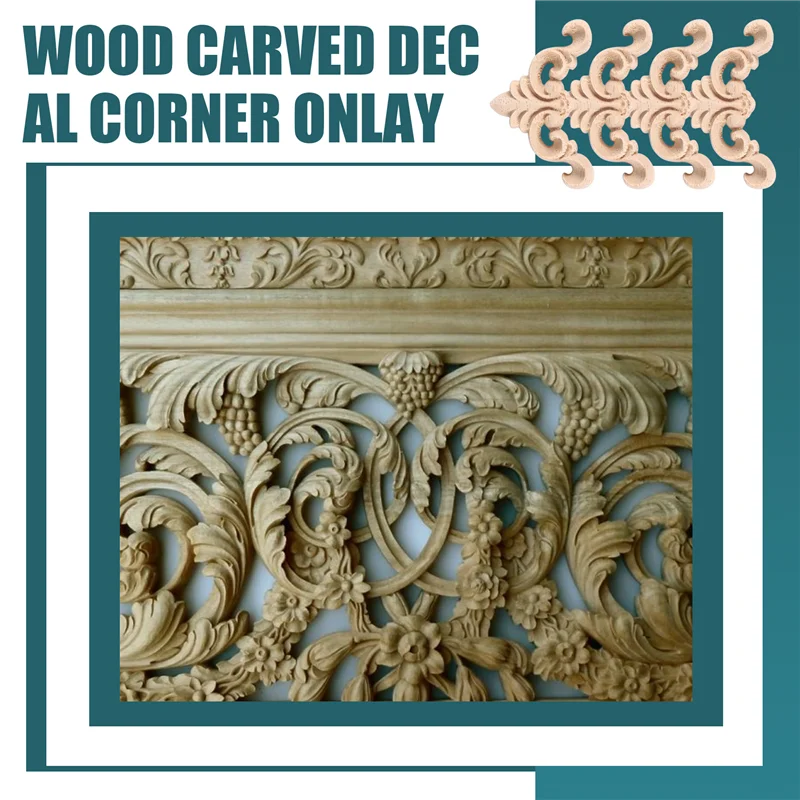 New Shown-20Pcs Carved Unpainted European Wood Furniture Window Corner Wood Applique Onlay Wood Figurines Ornamental 4 X 4Cm