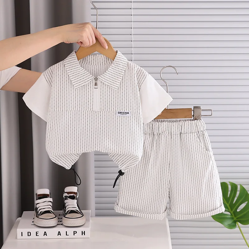 New Baby Boy Clothes 2026 Summer New Toddler Boys 2pcs Set Casual Trendy Striped Half Zip Polo Shirt Striped Shorts Kids Outfits