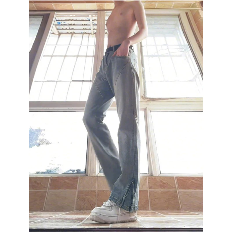 

Летние мужские джинсы с молниями на манжетах, светло-голубые, прямого кроя, в стиле High Street, зауженные, молодежные, модные джинсовые брюки