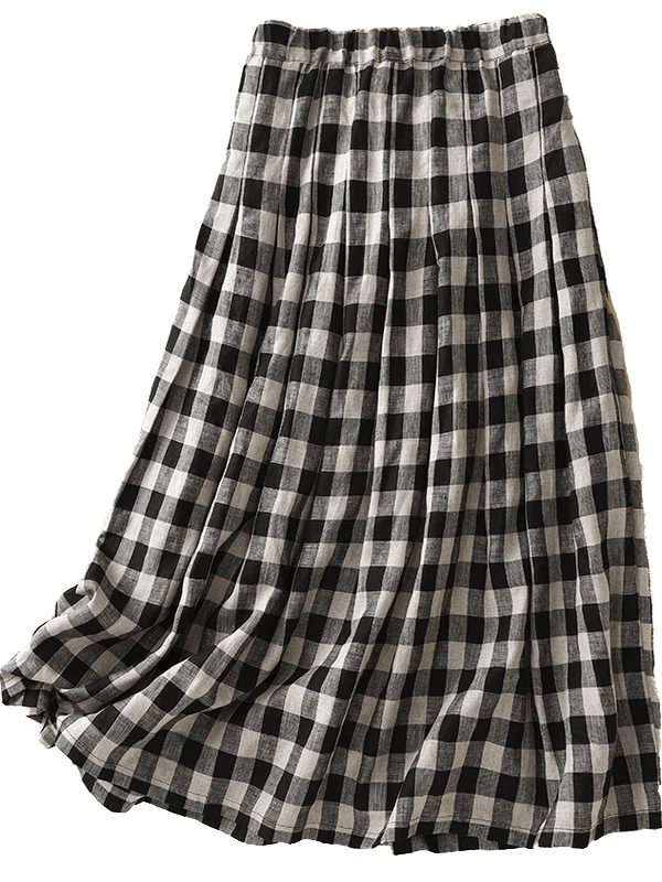 Retro geruite midi-rok dames zomer mooie losse slanke hoge taille gedrapeerde a-lijn paraplurok katoen 70% andere 30%