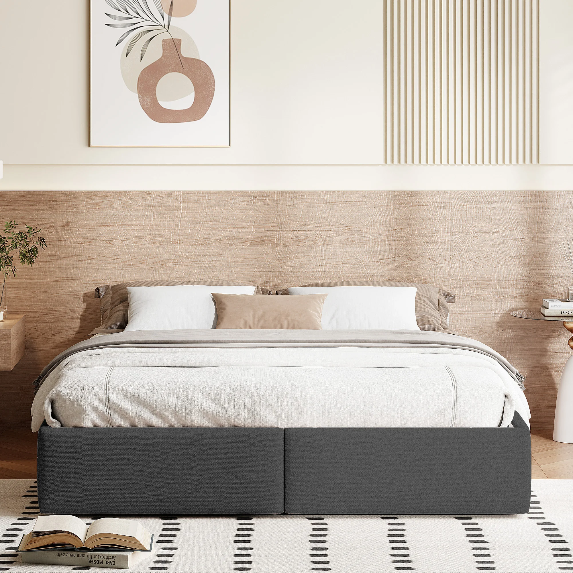 Soft Upholstered Bed, Double Bed, without Headboard, Storage Bed, with Slatted and Storage Space, Linen Gray, 160x200cm