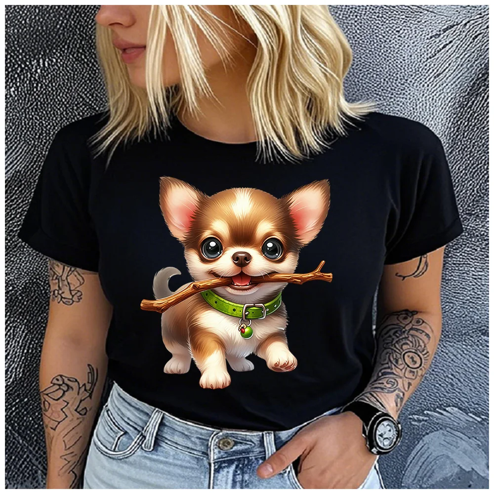 Cotton100% Women Cute Chihuahua Puppy With Stick Print T‑Shirt Short Sleeve Round Neck Animal Graphic Casual Ladies Daily Wear