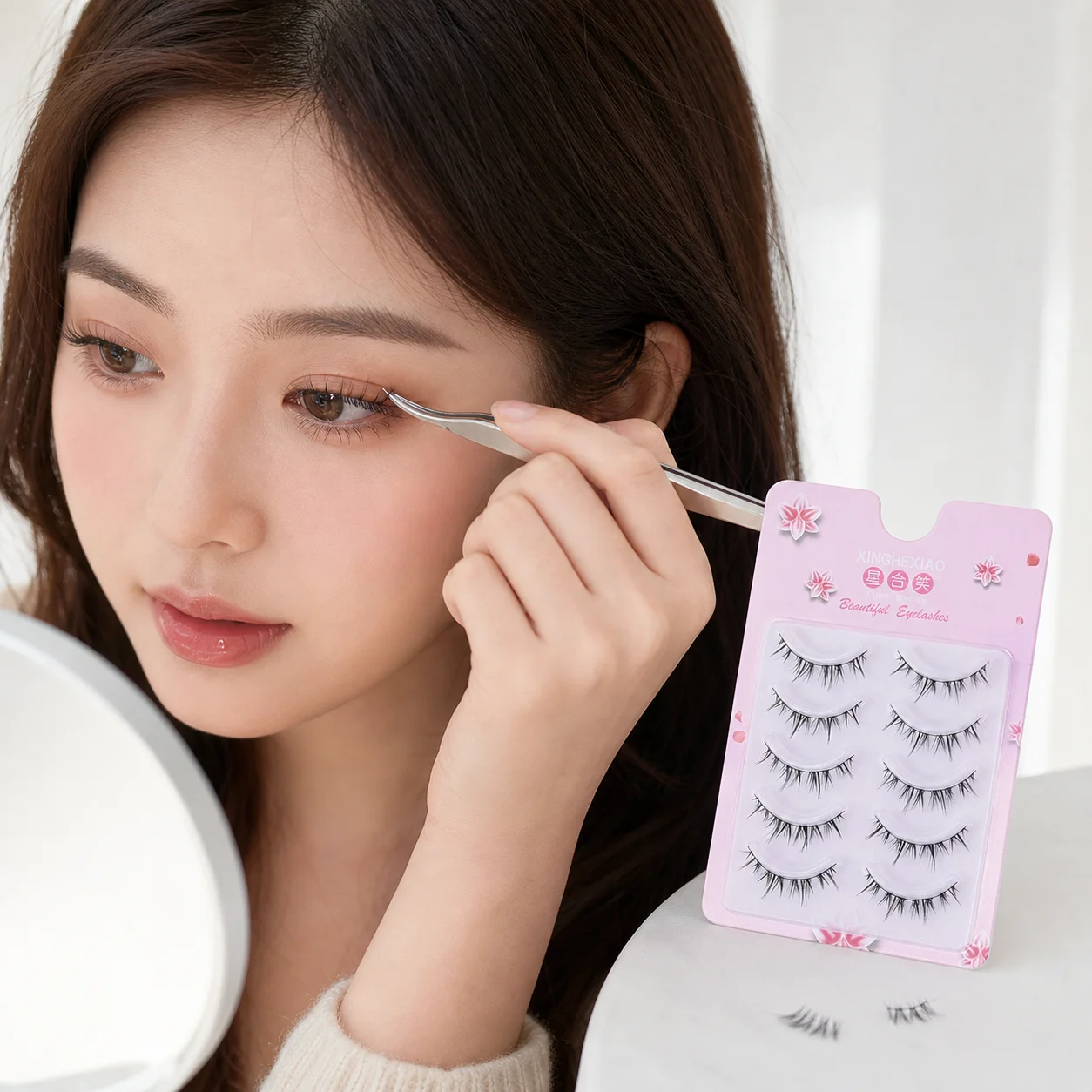 Synthetic Fiber False Eyelashes for Innocent Eye Makeup Women's Korean Style C Curl Clear Band Natural Cluster Lashes