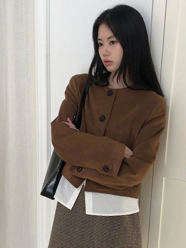 

Ele French Sle Suede Jaet Single Button oulder Length Women's ort Outerwear Autumn New Arrival Faion Sensation