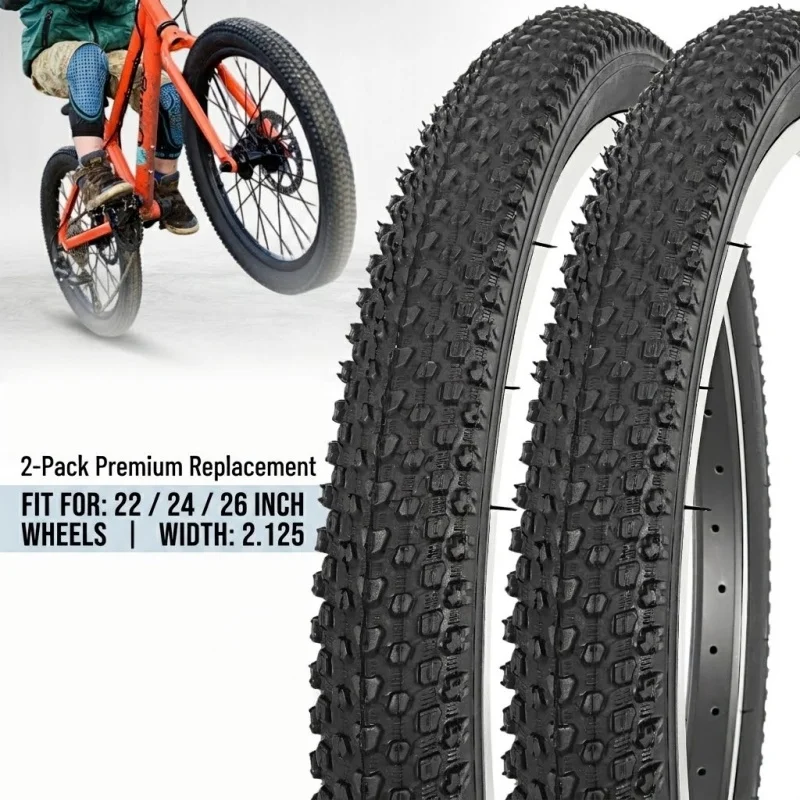 2Pcs Bike Tires 22/24/26 X 2.125 Mountain Bicycle Outer Tyre Anti Puncture Heavy Duty Replacement Cycling Wheel Rubber Tires Set