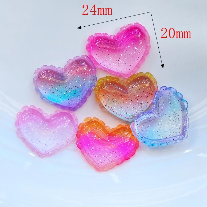 10Pcs New Cute Resin Shiny Tricolor Heart Flat Back Cabochon Scrapbook Kawaii DIY Embellishments Accessories