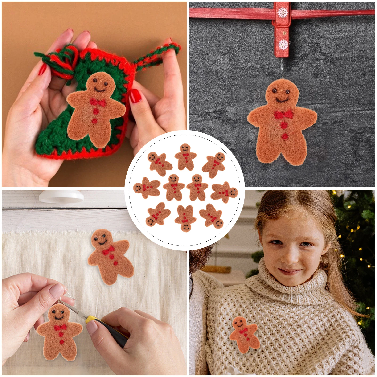 

10pcs Gingerbread Man Pendant Felt Hanging Decor Christmas Tree Ornaments Cartoon Wool DIY Craft Project Accessories Jewelry