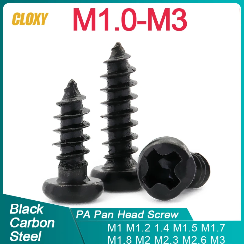 50/ 100/ 200/ 500 sztuk M1 M1.2 M1.4 M1.7 M2 M2.6 M3 M3.5 czarna stal mały Phillips płaski przekrój okrągła miska głowy-śruba gwintująca
