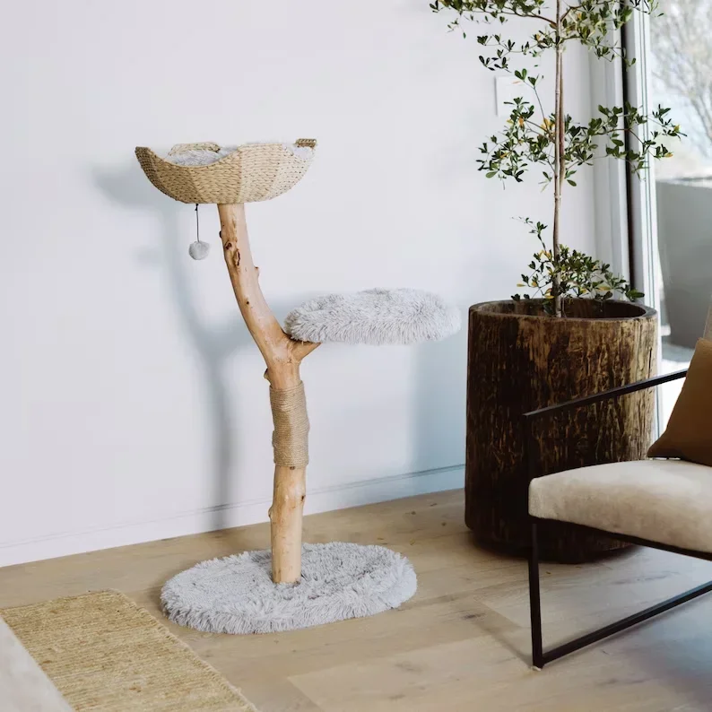 Modern Single Branch Cat Tower Sustainable Wood Cat Condo Climbing Furniture and Gift for Cat Lovers