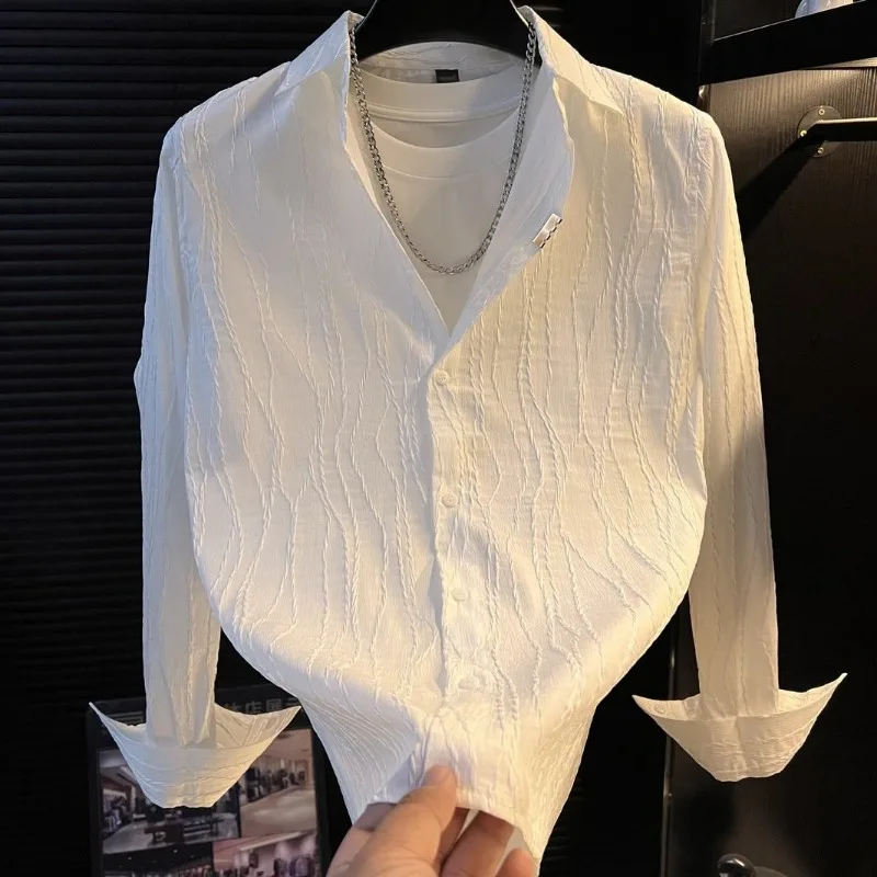 Men Elegant White Textured Shirt Lightweight Luxury Niche Versatile Fashion Casual Long Sleeve Top