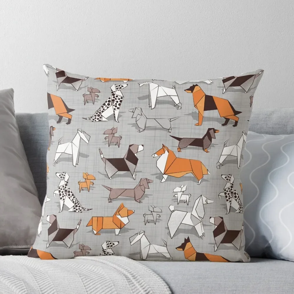 

Origami doggie friends // grey linen texture background Throw Pillow Christmas Pillow Sofa Cover Cushion Child Pillow