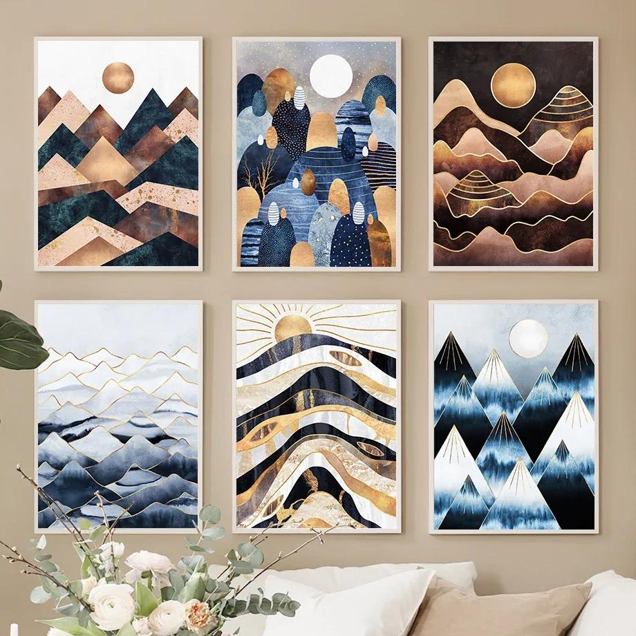 الذهبي الشمس القمر هيل البحر مجردة جدار الفن جدارية قماش اللوحة - غرفة المعيشة الملصقات والمطبوعات الزخرفية #1