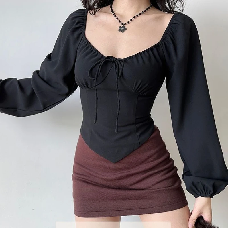 

Large Size Women's Clothing Retro Irregular Hem Lantern Sleeve Long Sleeve Shirt Slim Waist Top