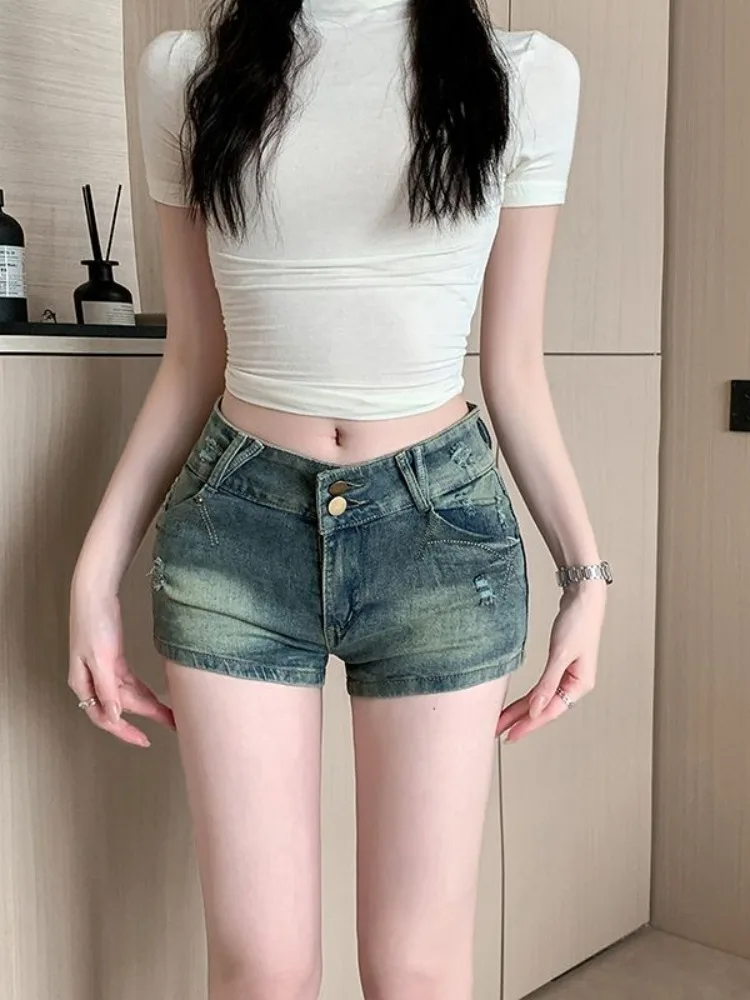 

American Spice Girl Bow Embroidery Sexy Low Waist Slim Jeans Female Summer New Fashion Temperament Slim Straight Short Pants