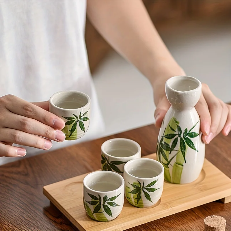 Set, Japanese Sake Set, Including 1pc Tokkuri Bottle and 4pcs Ochoko Cups, Bamboo or Flower Pattern Ceramic Sake Set
