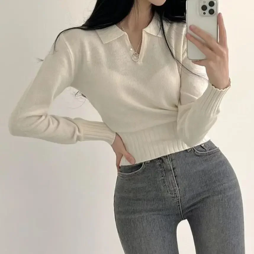 Korean Style Woman Tshirt Long Sleeve Sexy Knitted Crop Top Polo Neck T Shirt for Women Gray Clothing Polyester Original Luxury