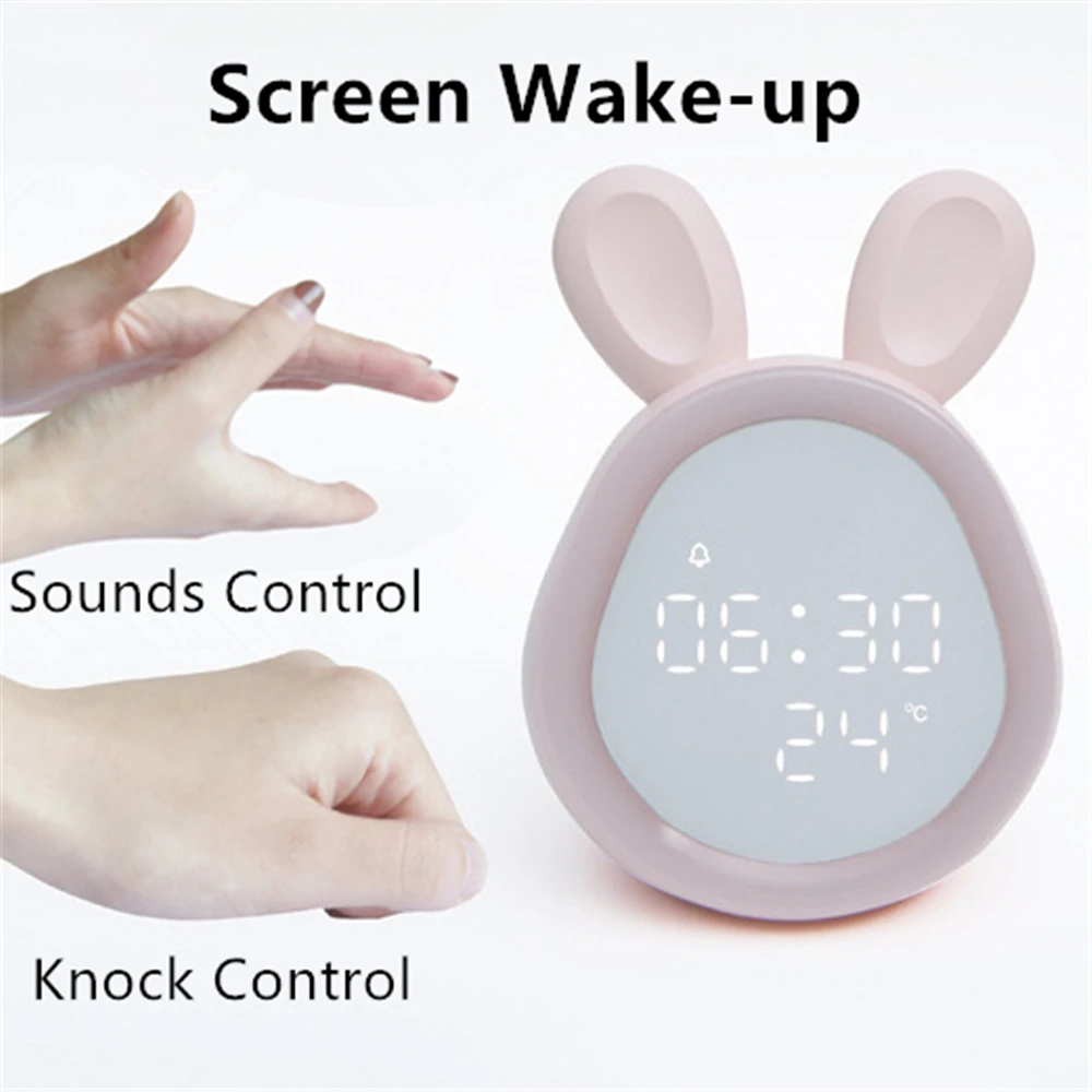 Cartoon LED Digital Alarm Clock Electronic LED Display Sound Control Rabbit Night Lamp Desk Rechargeable Music Voice Clock