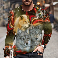 T-Shirts for Men Cool 3D Wolf Pattern Print Vintage Streetwear O-Neck Oversized T Shirt Tops Casual Long Sleeve T-Shirt Clothes
