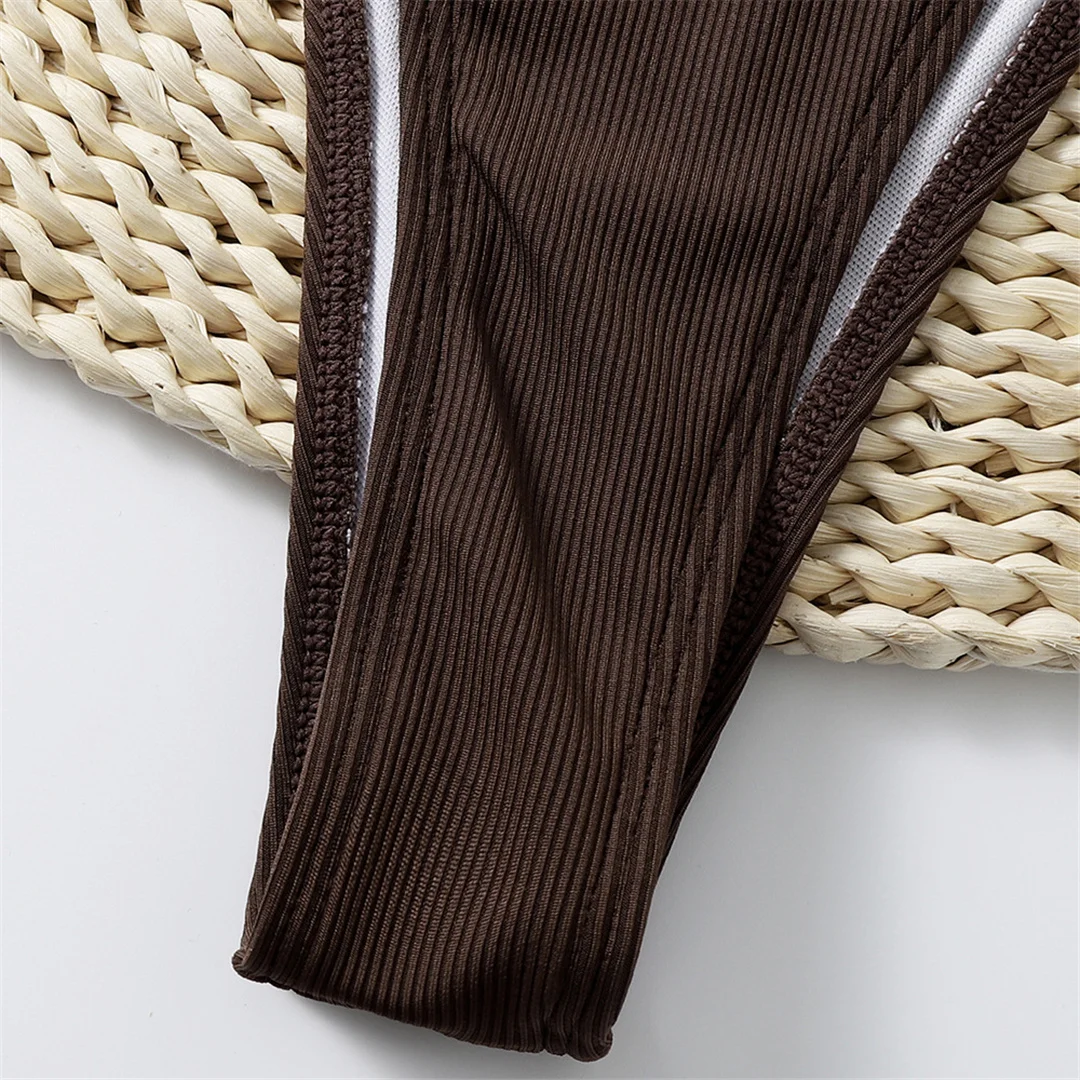 Sexy, gerippter, hoch geschnittener Bikini, Damen-Badeanzug, zweiteiliger Bikini mit Polsterung, Badebekleidung, Badeanzug für Damen, V3456. – Detail 12