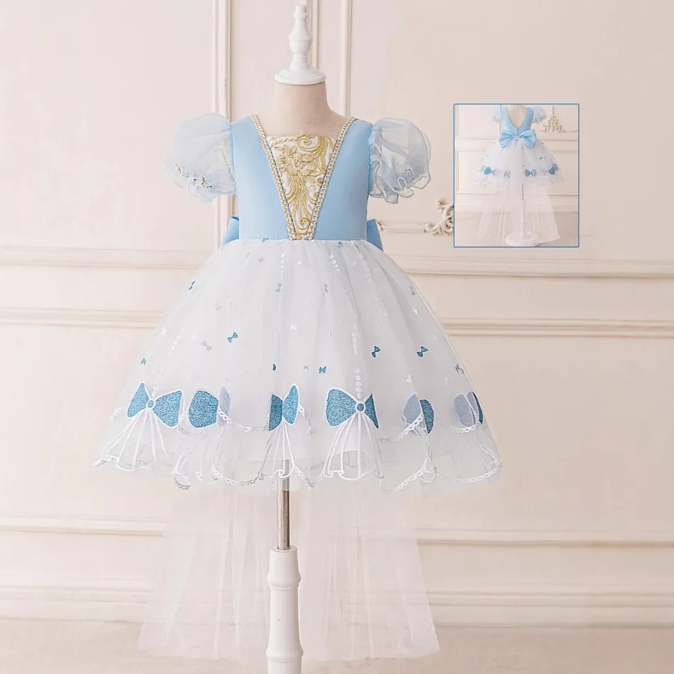 

Flower Bow Design Elegant Blue Girls Cinderella Dress with Tail Design Baby Blue Bubble Sleeves Elegant Unique Dress Dress ASQ03